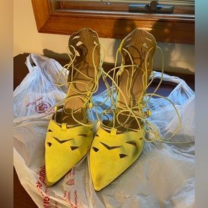 Asos Bright Yellow Cutout Low Heels with Tie Straps US6